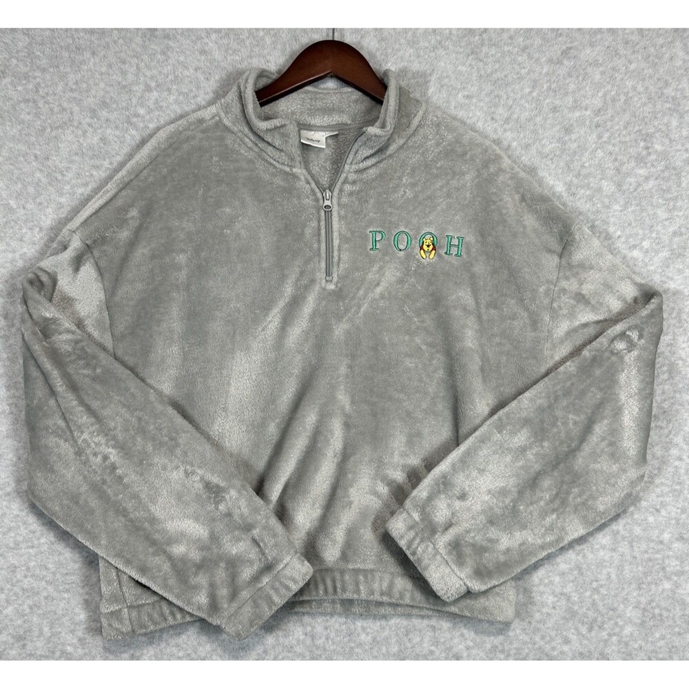 Disney Winnie Pooh Women's 1/4 Zip Plush Fleece Pullover Embroidered XL Gray